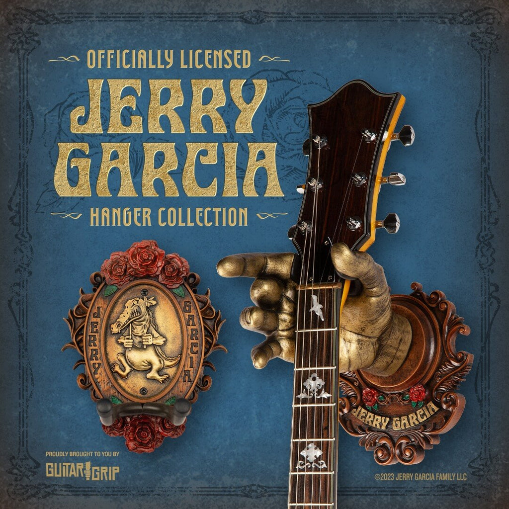Order Jerry Garcia Guitar Hanger hand now. Two gold hands on blue background with the verbiage Reach Out Your Hand in gold lettering. 