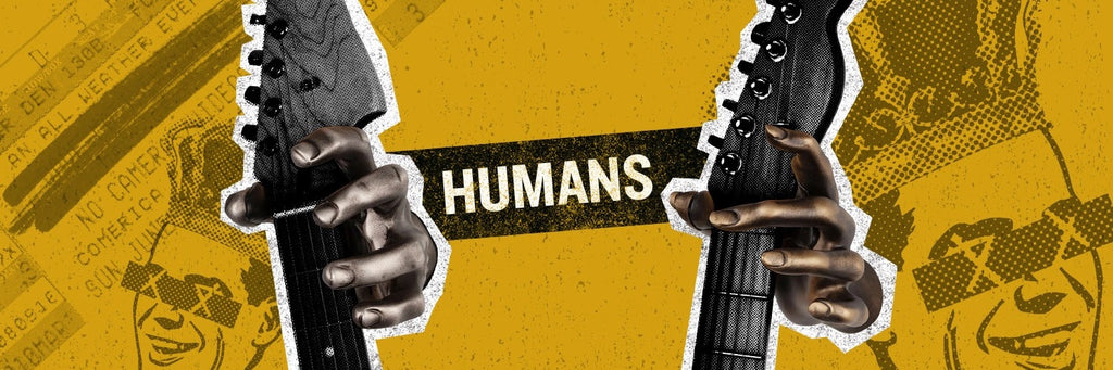 Hand guitar hangers on yellow background with graphic images.