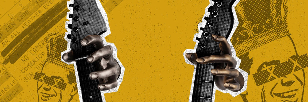 Hand guitar hangers on yellow background with graphic illustrations. 