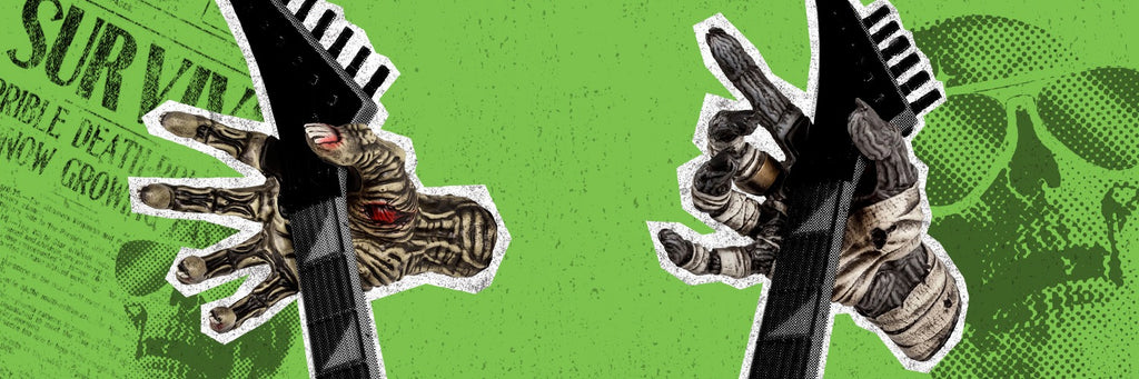 Zombie hand and Mummy hand guitar hangers on lime green background. 