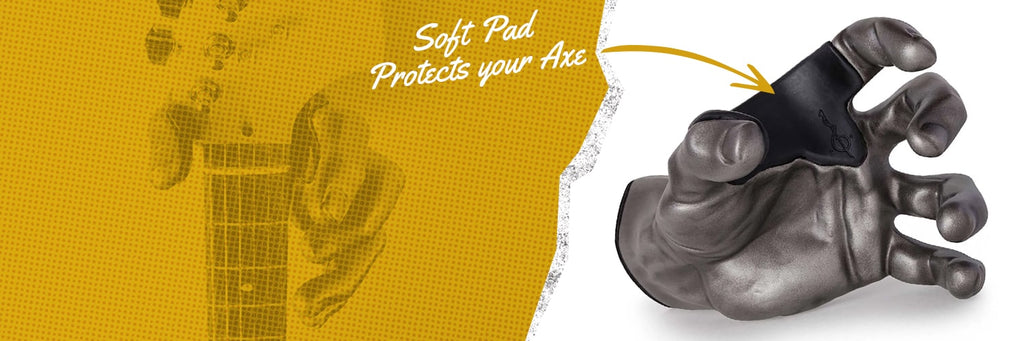 Silver hand guitar stand. Soft Pad Protects your Axe over yellow halftone background. 