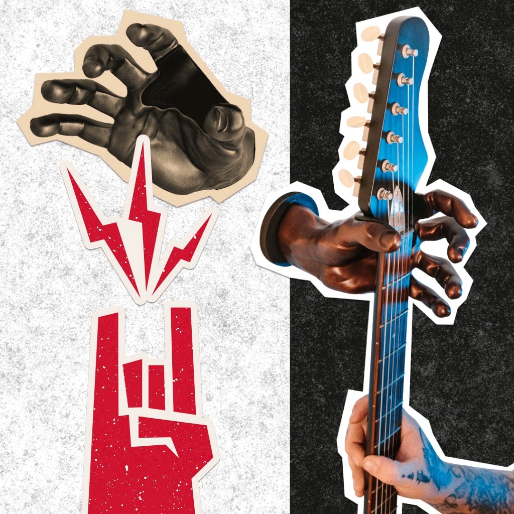 Guitar wall hangers on white and black background. Red graphic hand with lighting bolts.