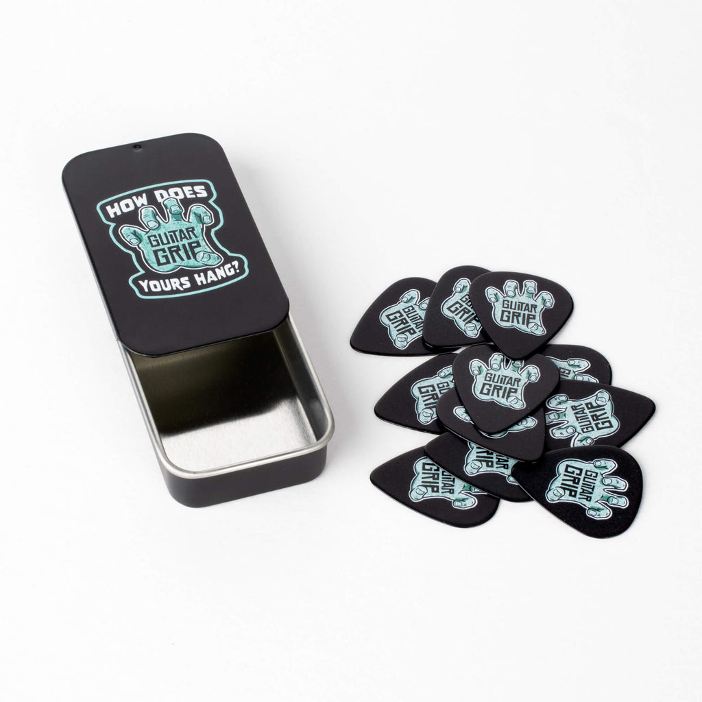 GuitarGrip guitar and bass pick pack with 11 guitar picks and hand logo graphic. 