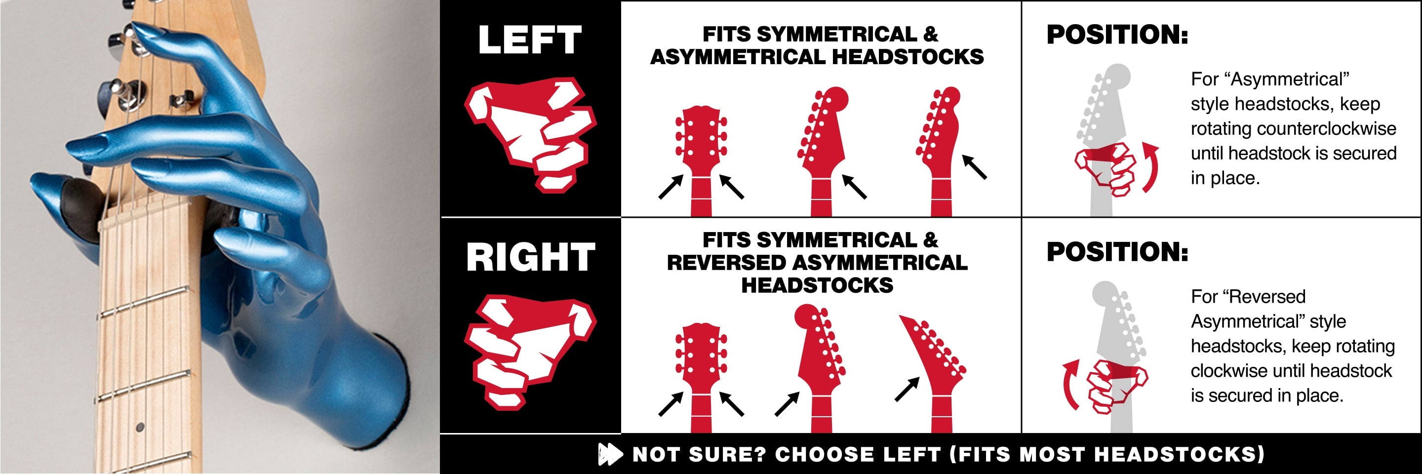 Guitar wall mount best fit chart showing different headstocks and shapes. 